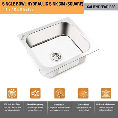 Single Bowl Kitchen Sink (21 x 18 x 8 Inches) (Salient Features)
