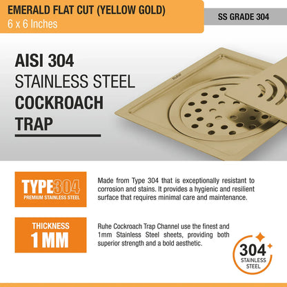 Emerald Square Flat Cut Floor Drain in Yellow Gold PVD Coating (6 x 6 Inches) stainless steel