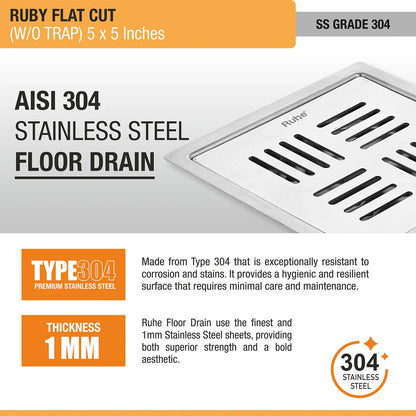 Ruby Square Flat Cut 304-Grade Floor Drain (5 x 5 Inches) stainless steel