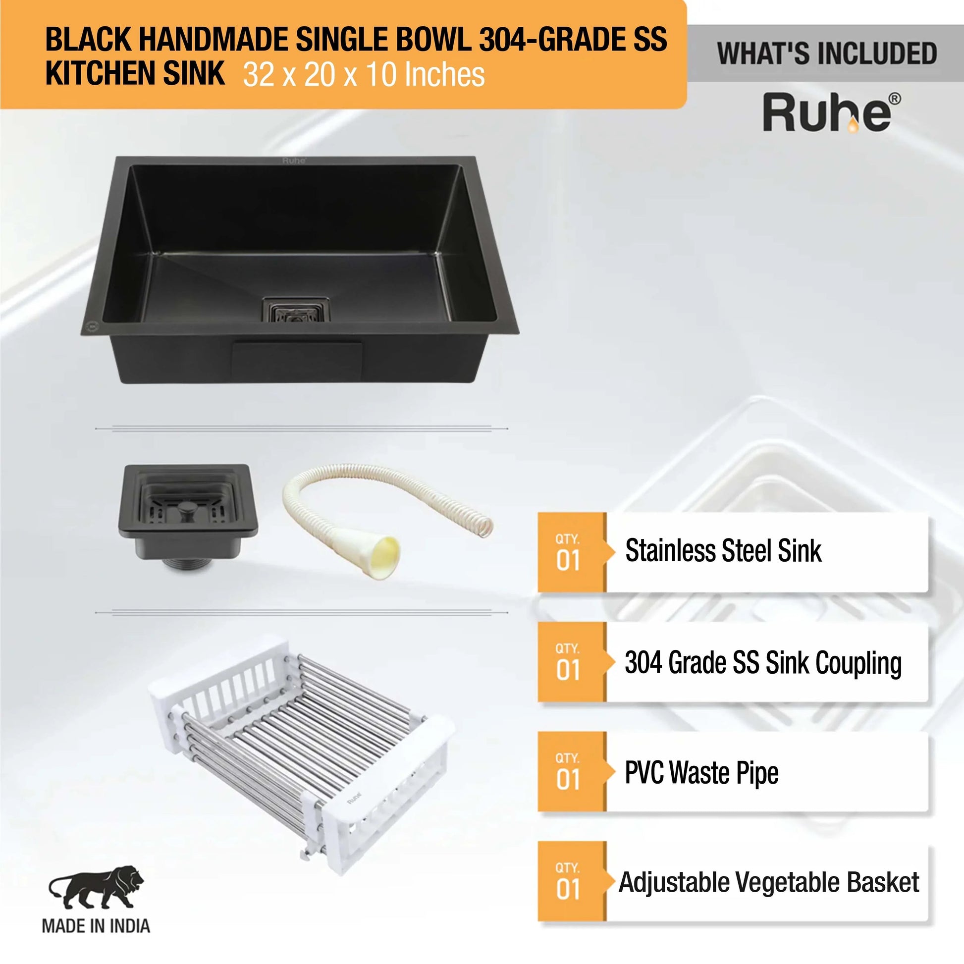 Handmade Single Bowl Kitchen Sink Black(32 x 20 x 10 Inches)(What's Included)