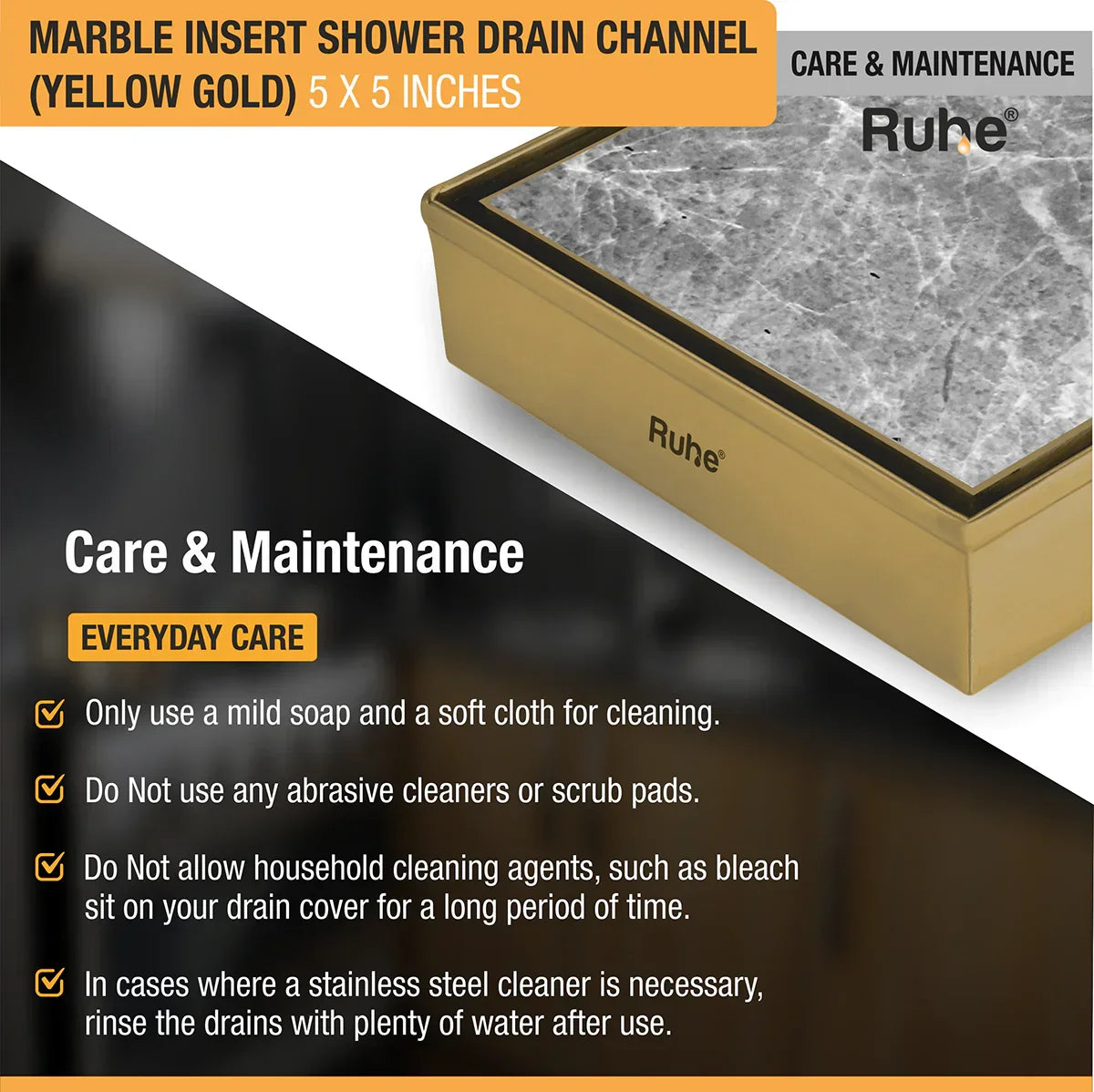 Marble-Insert Shower Drain Channel (5 x 5 Inches)