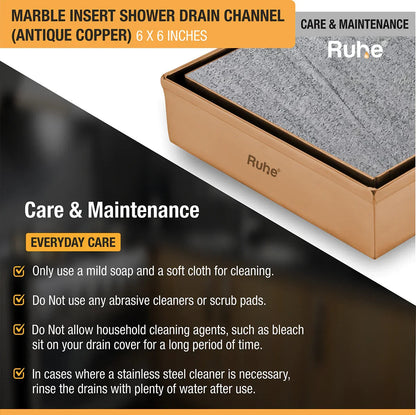 Marble Insert Shower Drain Channel (6 x 6 Inches) Antique Copper PVD Coated - by Ruhe