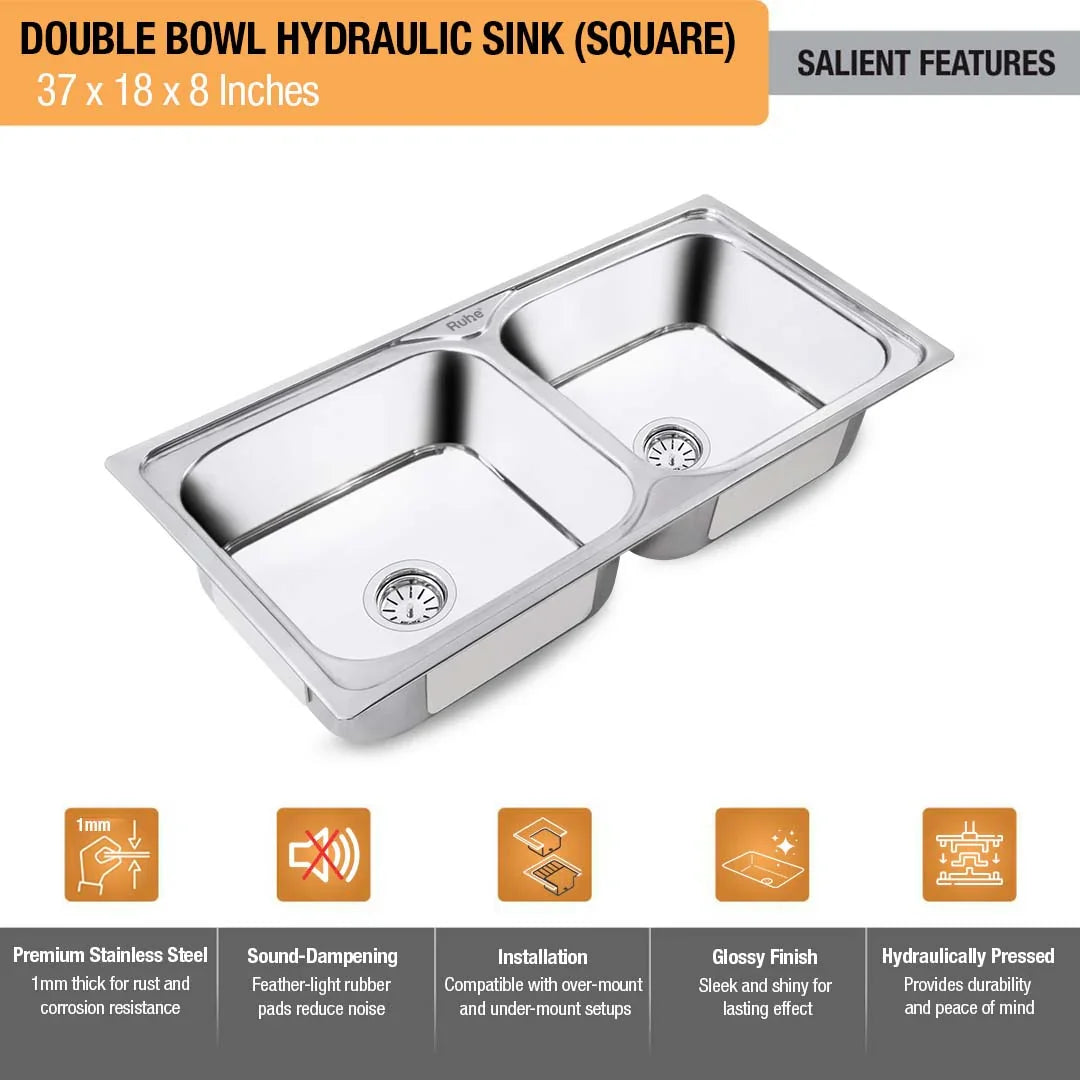 Double Bowl Kitchen Sink (37 x 18 x 8 Inches)
