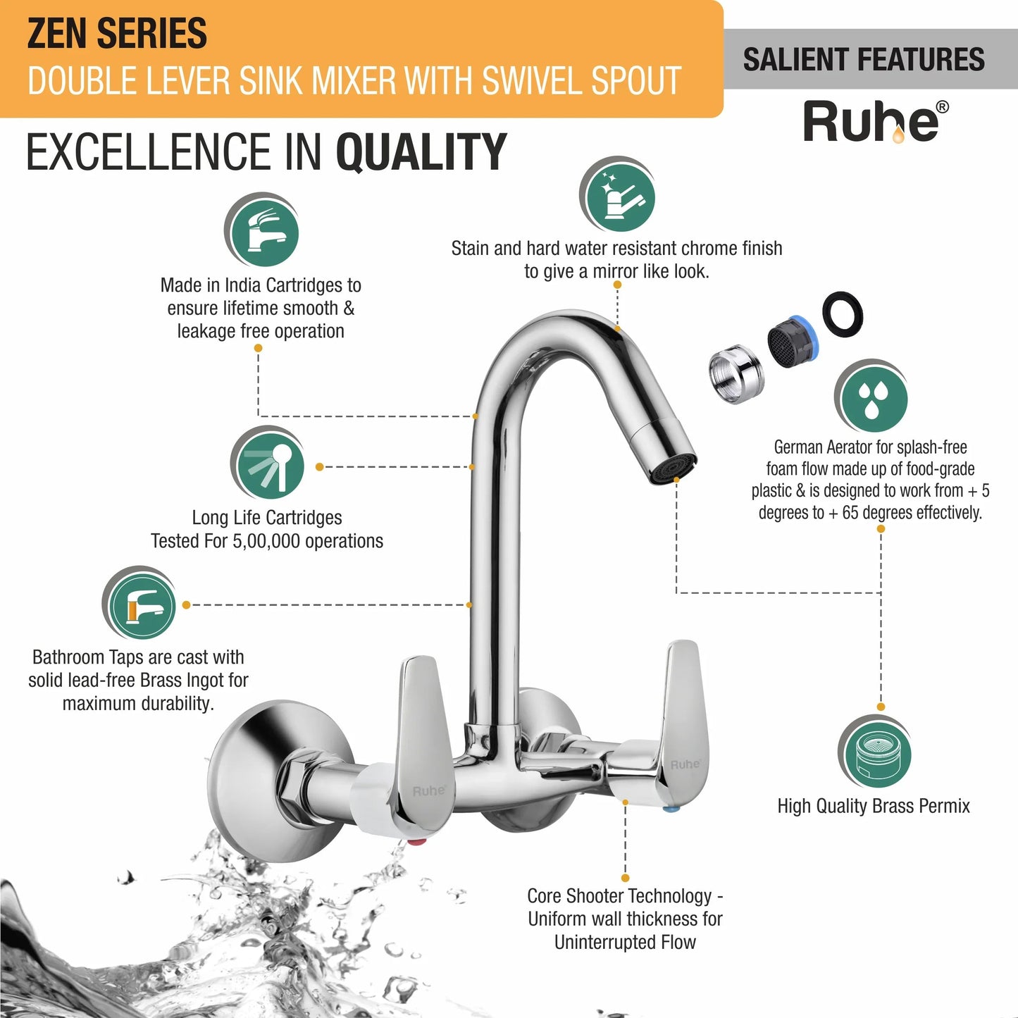 Zen Sink Mixer Brass Faucet with Swivel Spout Features