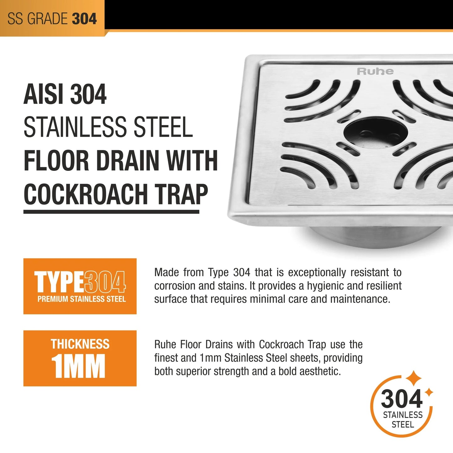 Emerald Floor Drain Square (6 x 6 Inches) with Hole and Cockroach Trap 5