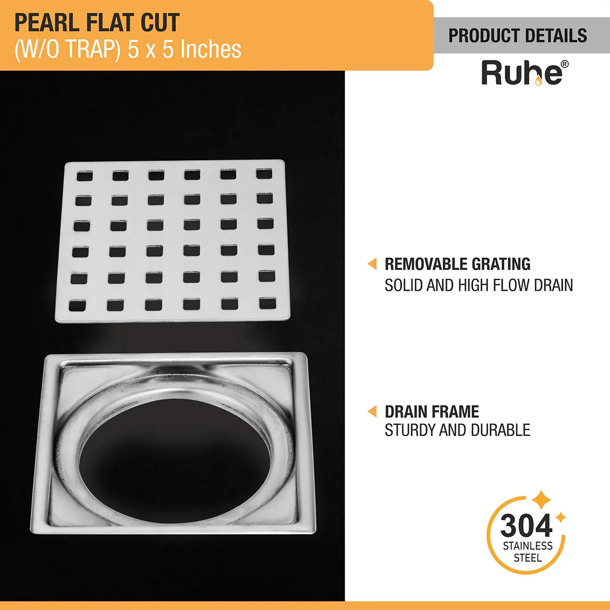 Pearl Square Flat Cut 304-Grade Floor Drain (5 x 5 Inches) with removable grating and drain frame