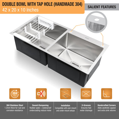 Handmade Double Bowl with Tap Hole Kitchen Sink (42 x 20 x 10 Inches)