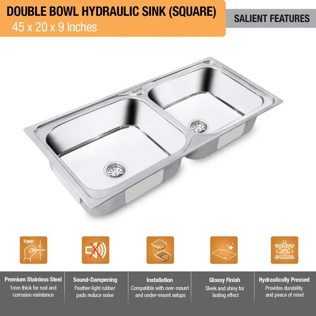 Double Bowl Kitchen Sink (45 x 20 x 9 Inches)(Salient Features)