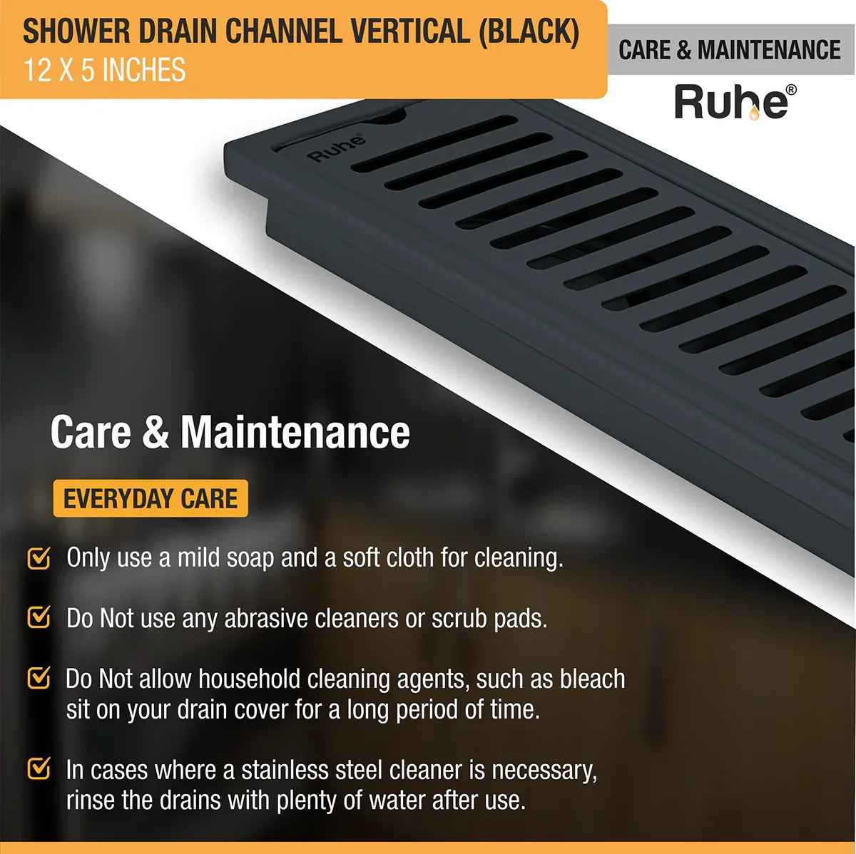 Vertical Shower Drain Channel (12 x 5 Inches) Black PVD Coated care and maintenance