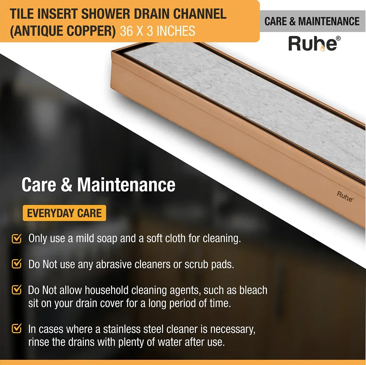 Palo Shower Drain Channel (48 x 5 Inches) Antique Copper PVD Coated - by Ruhe