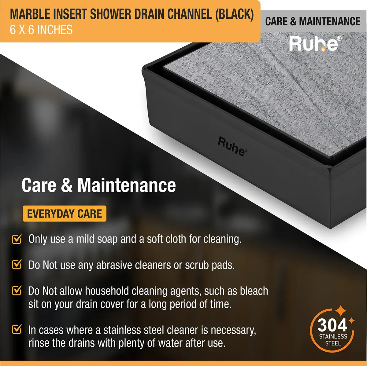 Marble-Insert Shower Drain Channel (6 x 6 Inches)