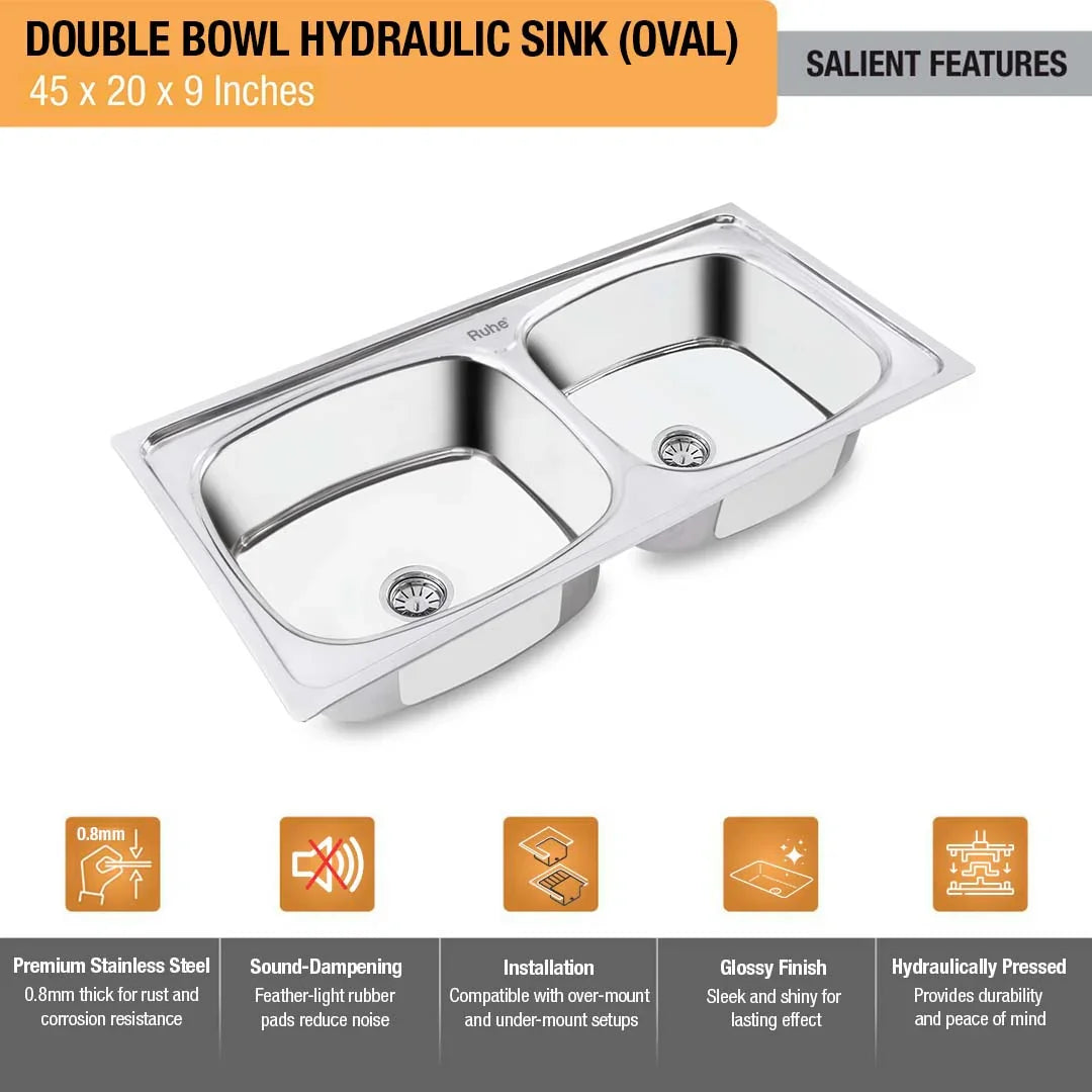 Double Bowl Kitchen Sink (45 x 20 x 9 Inches)(Salient Features)