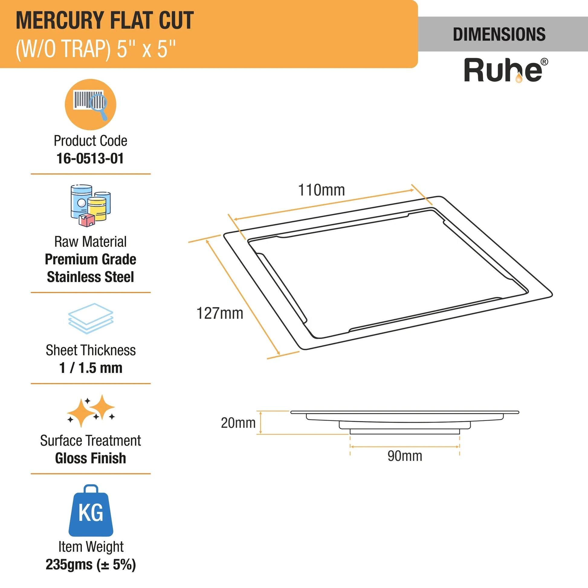 Mercury Square Premium Flat Cut Floor Drain (5 x 5 Inches) dimensions and sizes