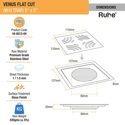 Venus Square Premium Flat Cut Floor Drain (5 x 5 Inches) dimensions and size