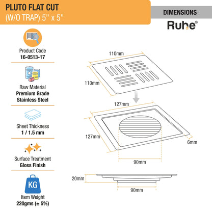Pluto Square Premium Flat Cut Floor Drain (5 x 5 Inches) dimensions and size