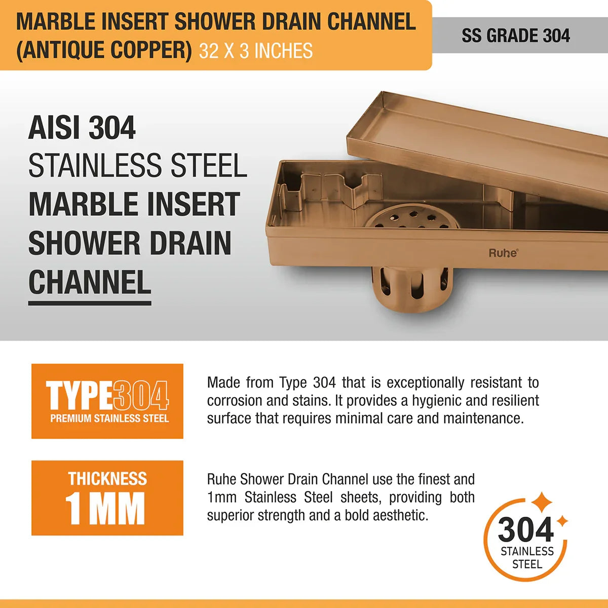 Marble-Insert Shower Drain Channel (3 Inches)