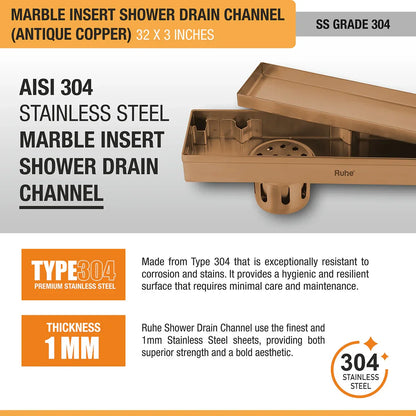 Marble-Insert Shower Drain Channel (3 Inches)