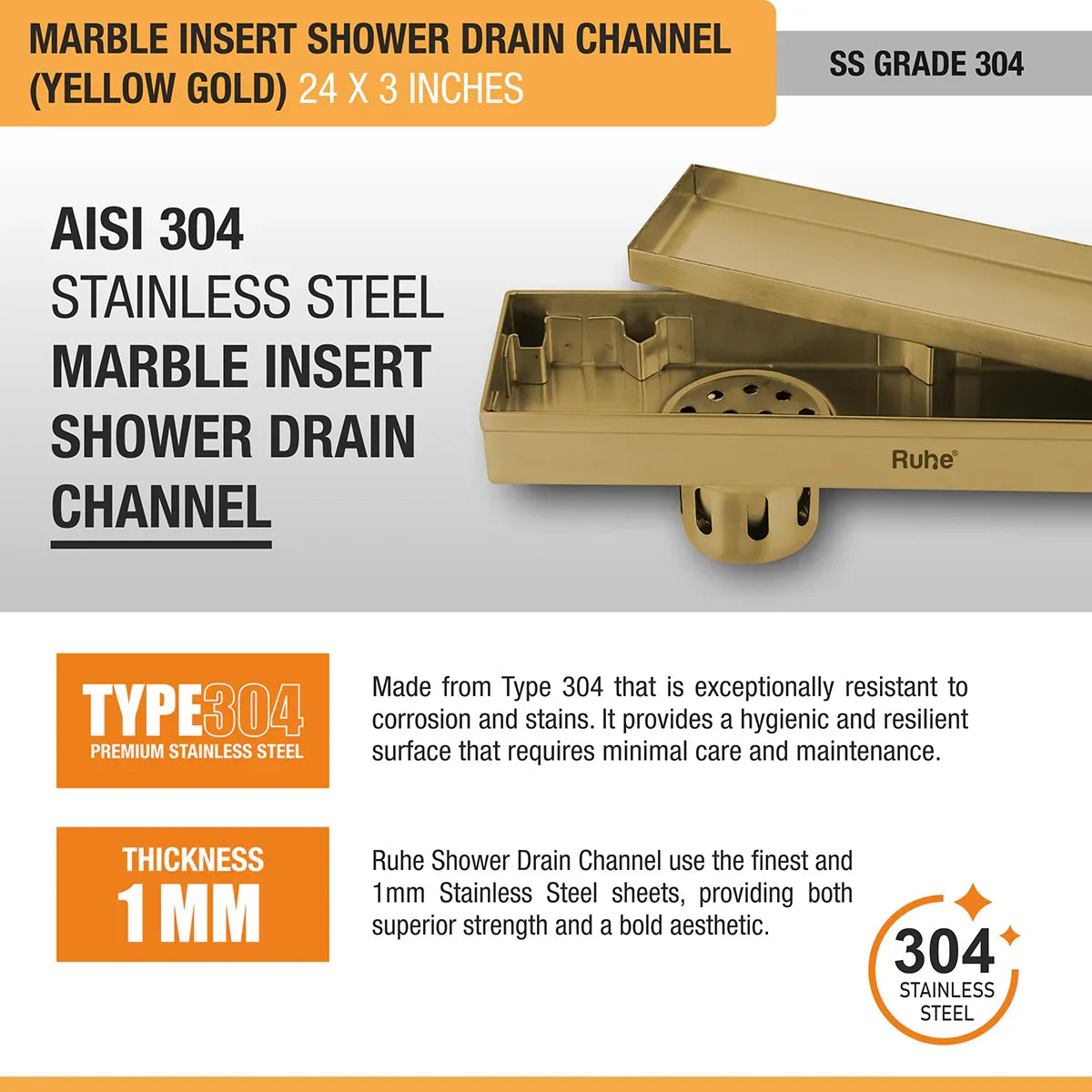 Marble-Insert Shower Drain Channel (3 Inches)