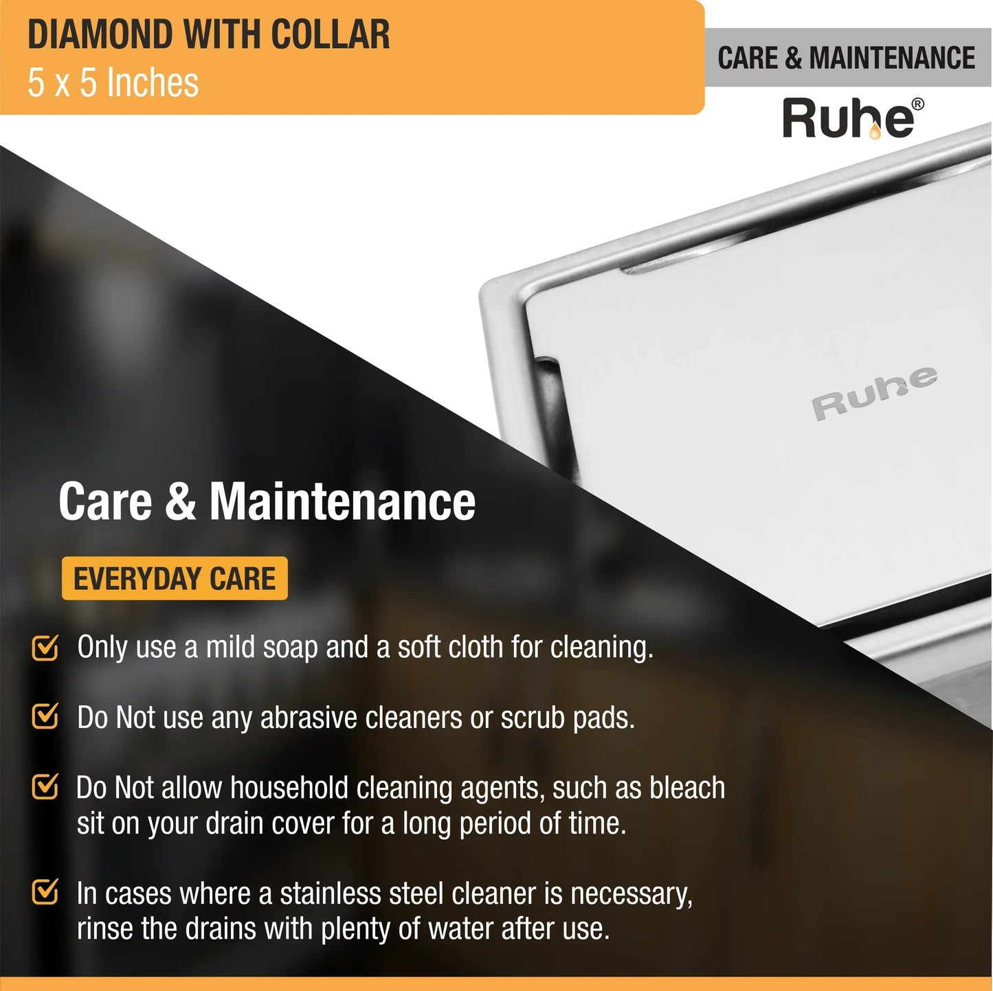 Diamond Floor Drain with Collar Square (5 x 5 Inches) with Cockroach Trap (304 Grade) care and maintenance
