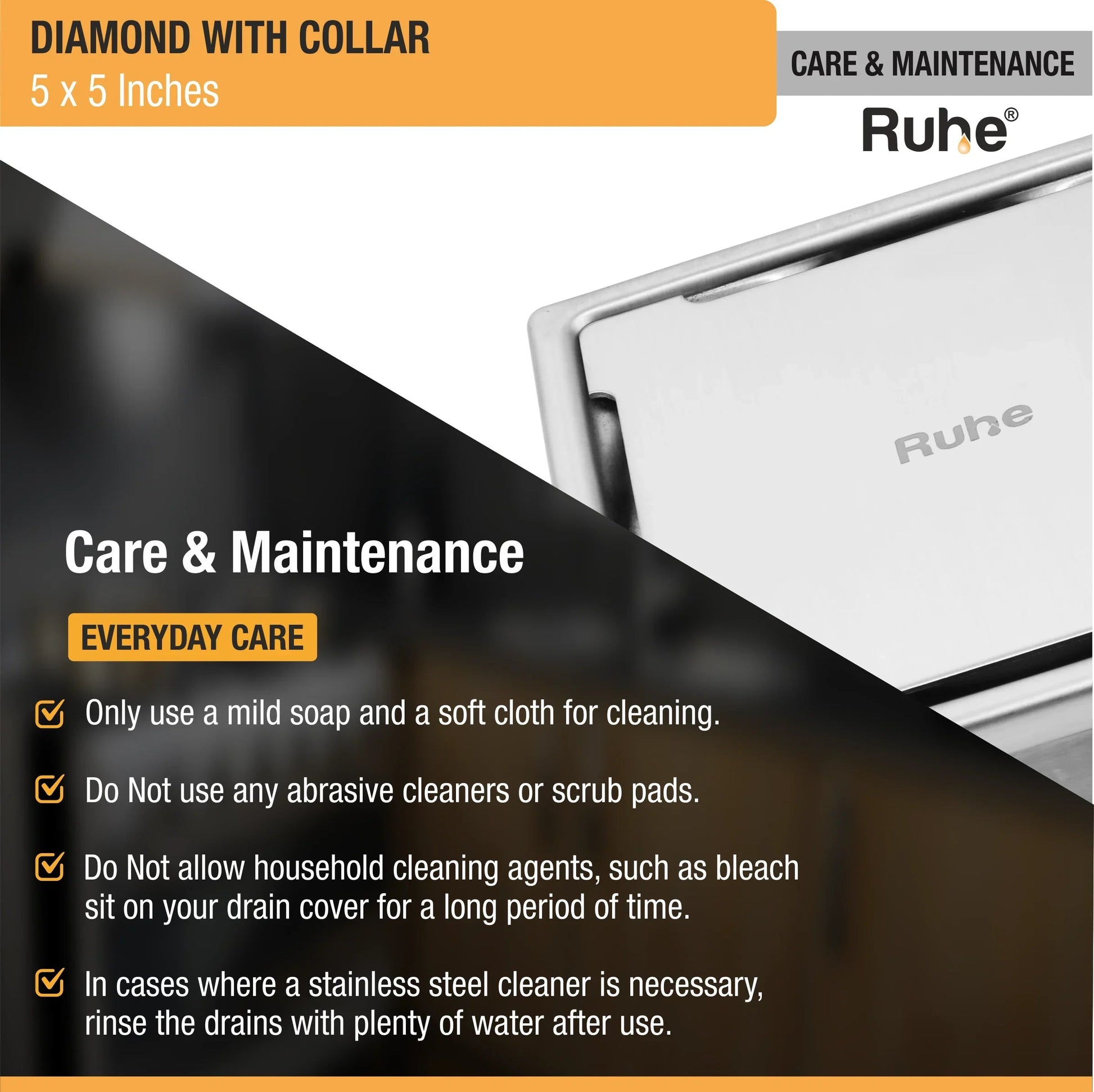 Diamond Floor Drain with Collar Square (5 x 5 Inches) with Cockroach Trap (304 Grade) care and maintenance