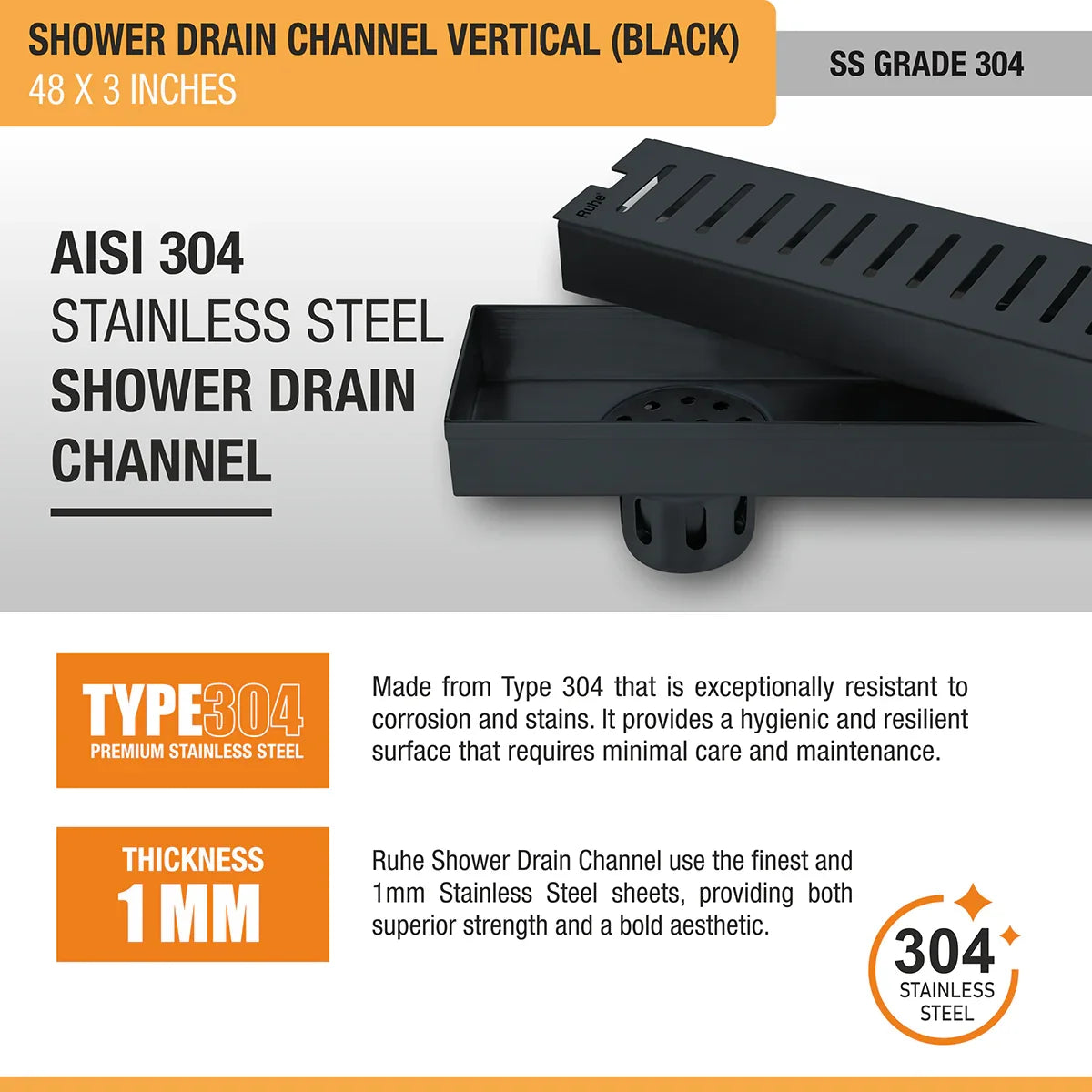 Vertical Shower Drain Channel (48 x 3 Inches) Black PVD Coated stainless steel
