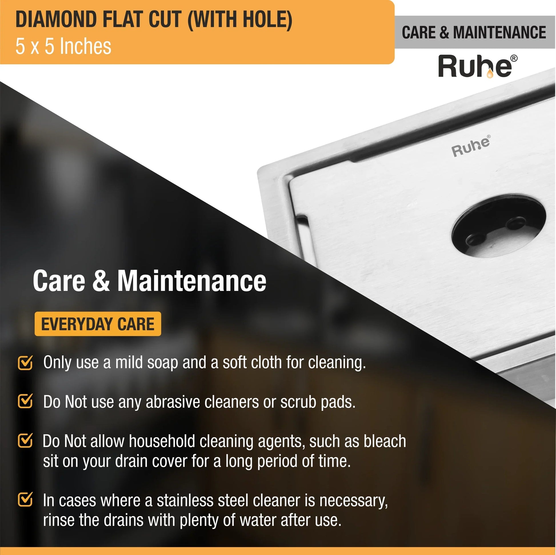 Diamond Floor Drain Square Flat Cut (5 x 5 Inches) with Hole and Cockroach Trap (304 Grade) care and maintenance
