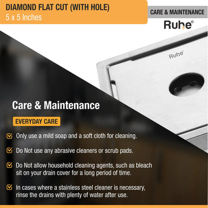 Diamond Floor Drain Square Flat Cut (5 x 5 Inches) with Hole and Cockroach Trap (304 Grade) care and maintenance