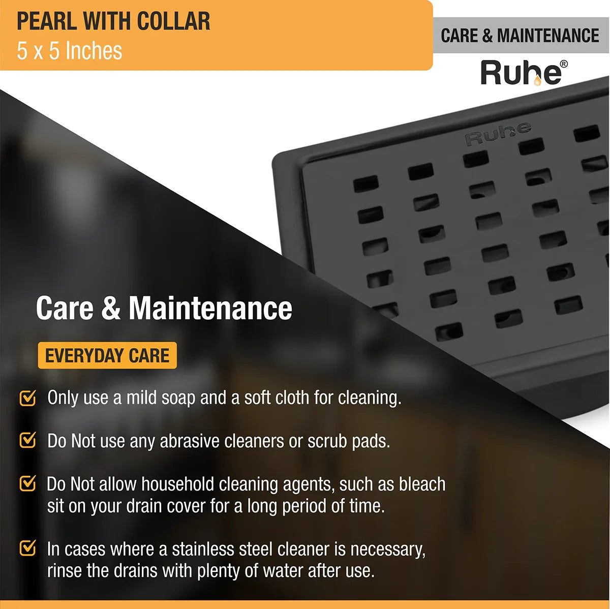 Pearl Square 304-Grade Floor Drain in Black PVD Coating (5 x 5 Inches) care and maintenance