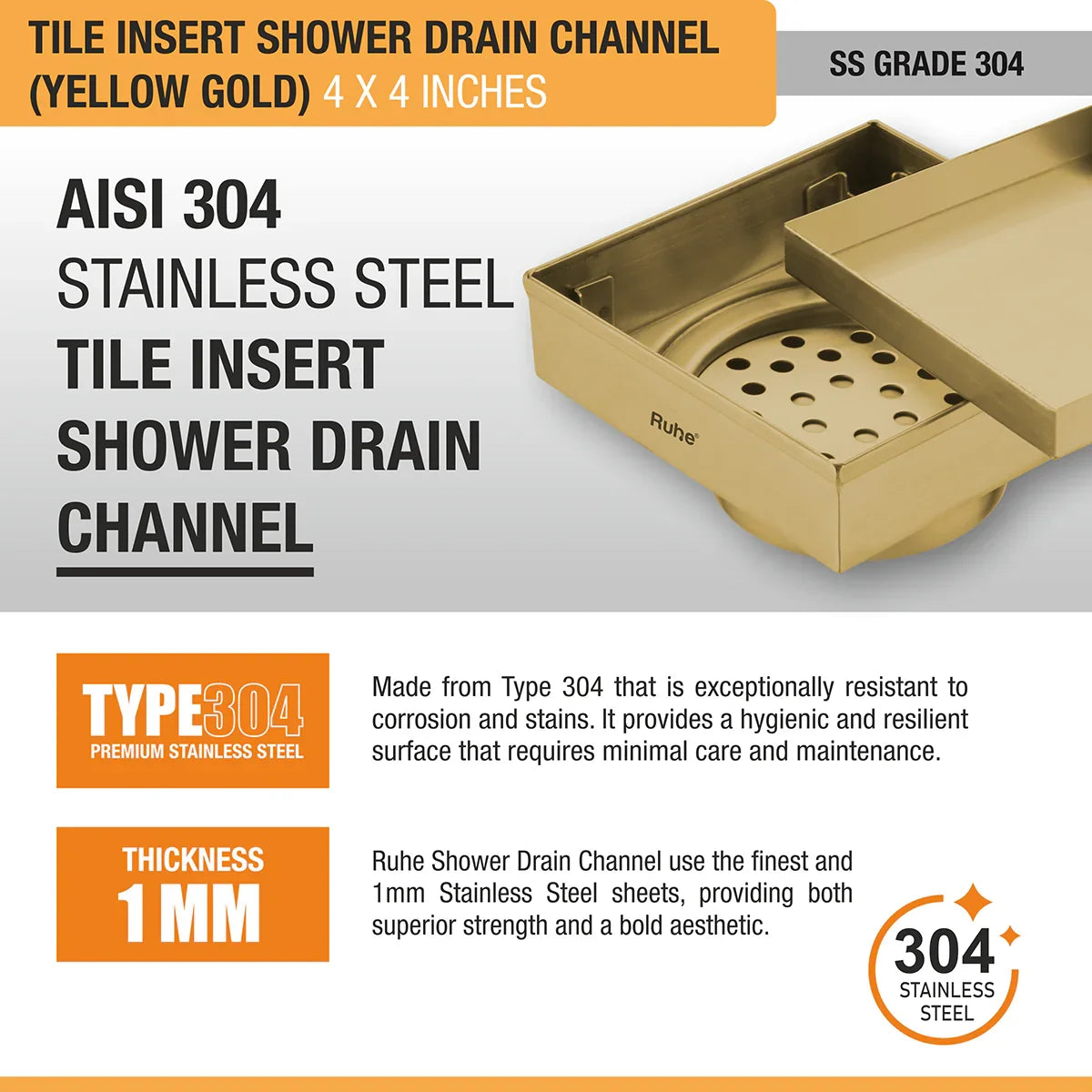 Tile-Insert Shower Drain Channel (4 x 4 Inches)