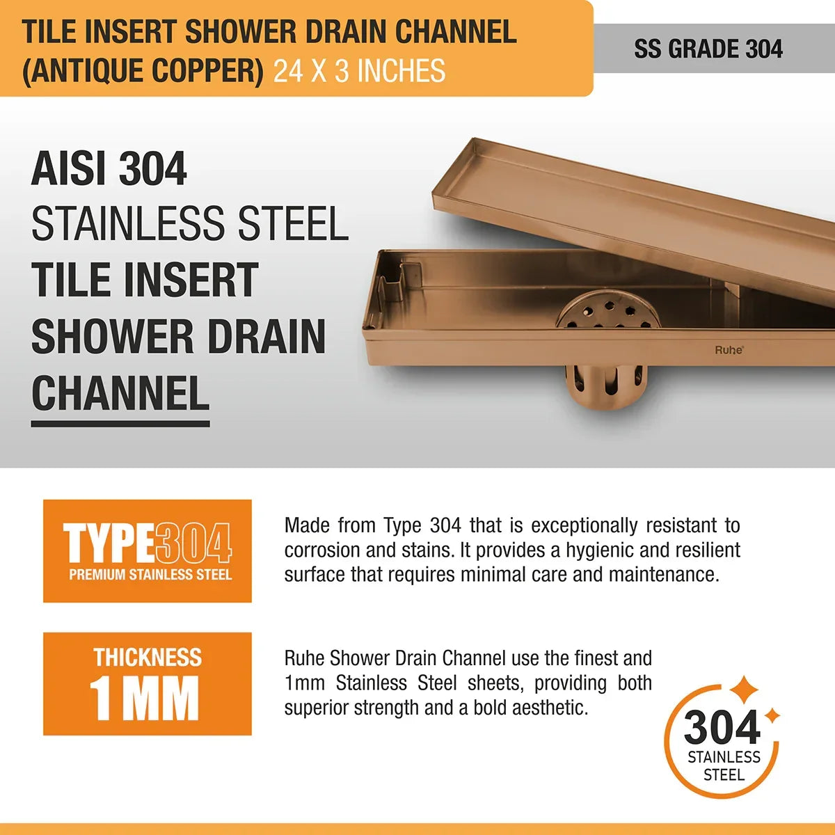 Tile-Insert Shower Drain Channel Coloured (3 Inches)