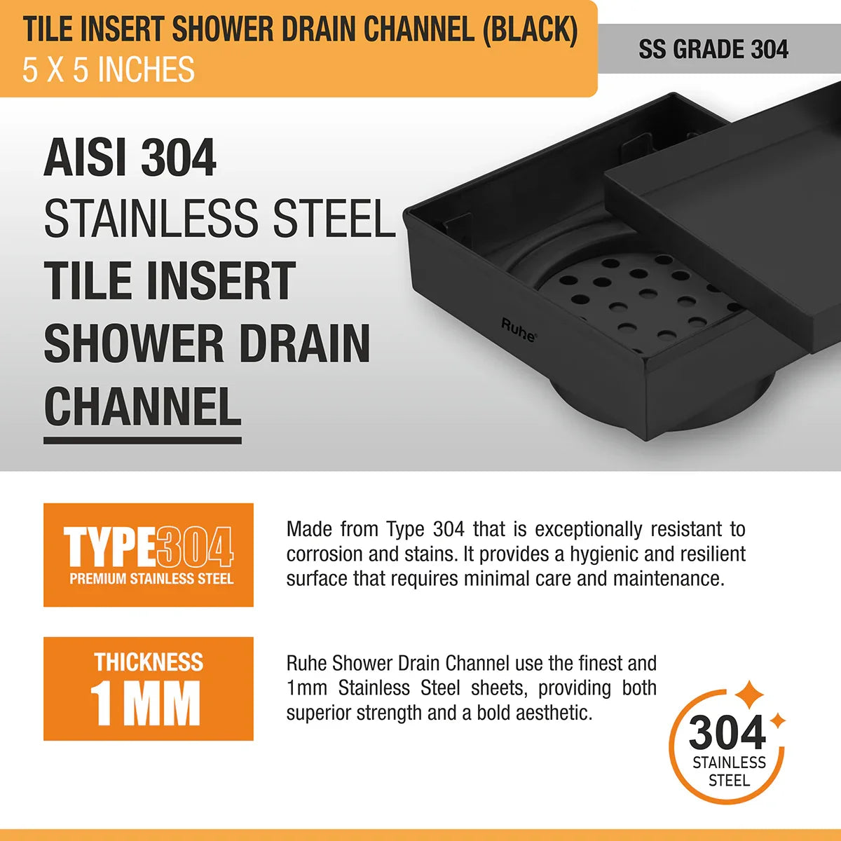 Tile-Insert Shower Drain Channel (5 x 5 Inches)