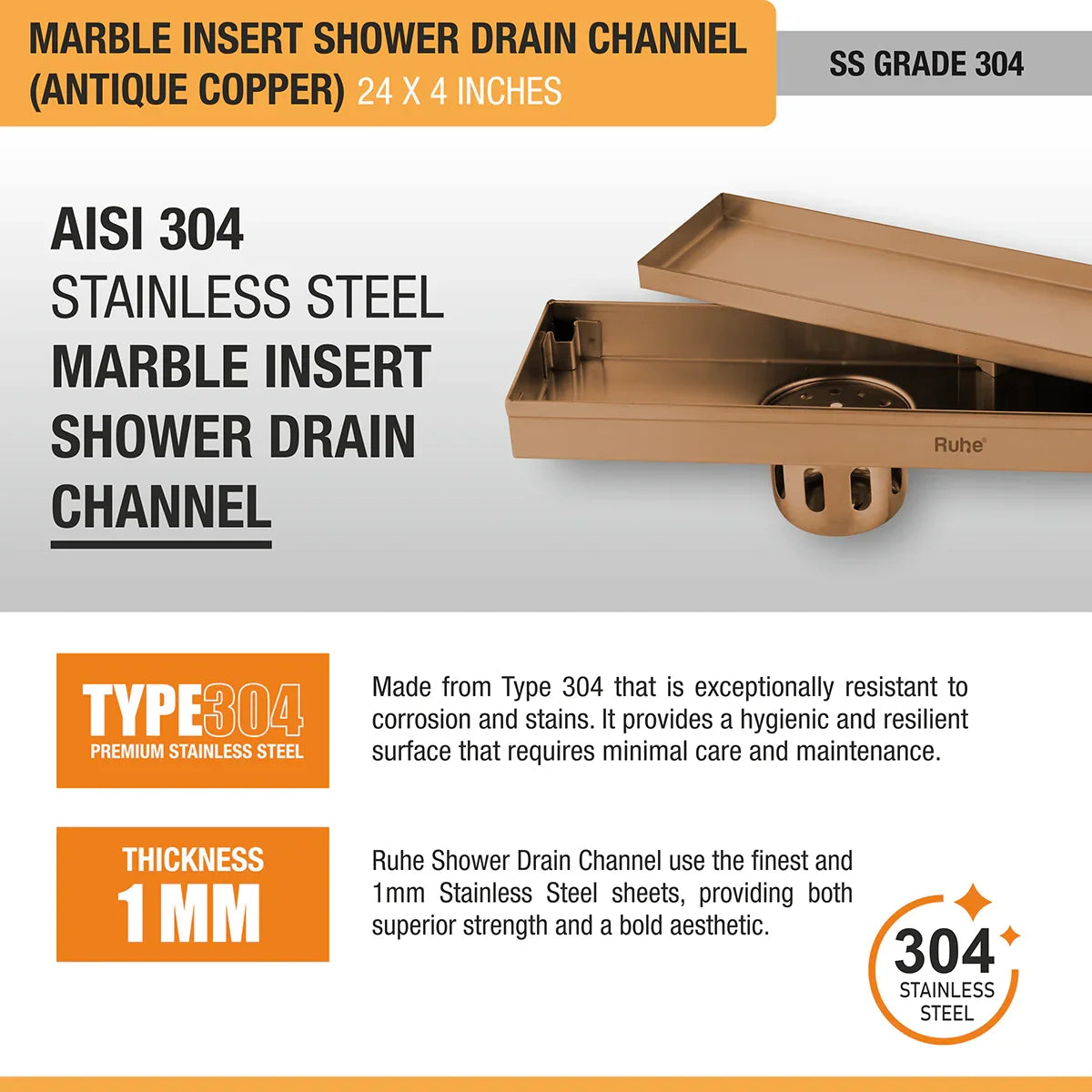 Marble-Insert Shower Drain Channel (4 Inches)