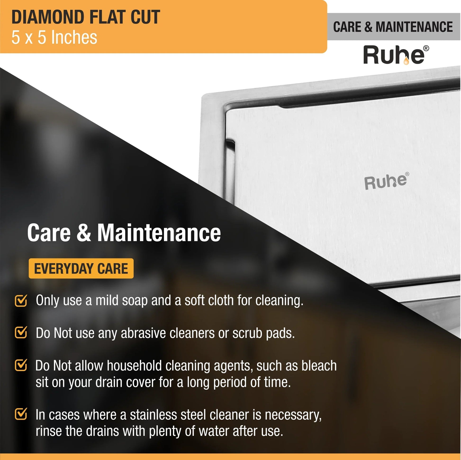 Diamond Floor Drain Square Flat Cut (5 x 5 Inches) with Cockroach Trap (304 Grade) care and maintenance