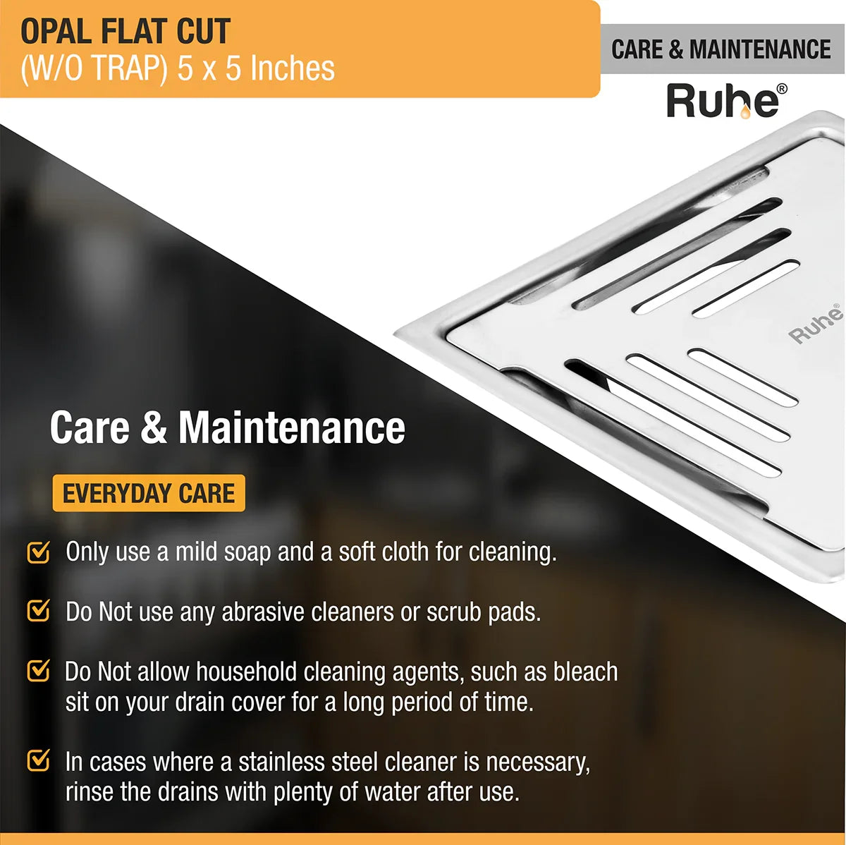 Opal Square Flat Cut 304-Grade Floor Drain (5 x 5 Inches) care and maintenance
