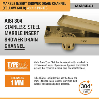 Marble-Insert Shower Drain Channel Yellow Gold (3 Inches)
