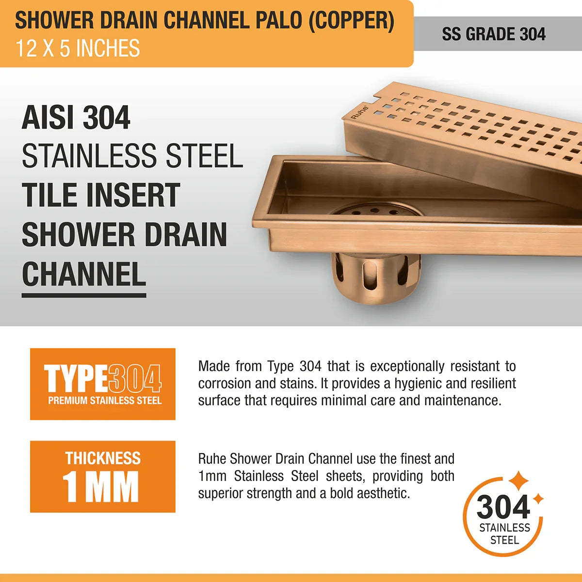 Palo Shower Drain Channel (12 x 5 Inches) Antique Copper PVD Coated - by Ruhe