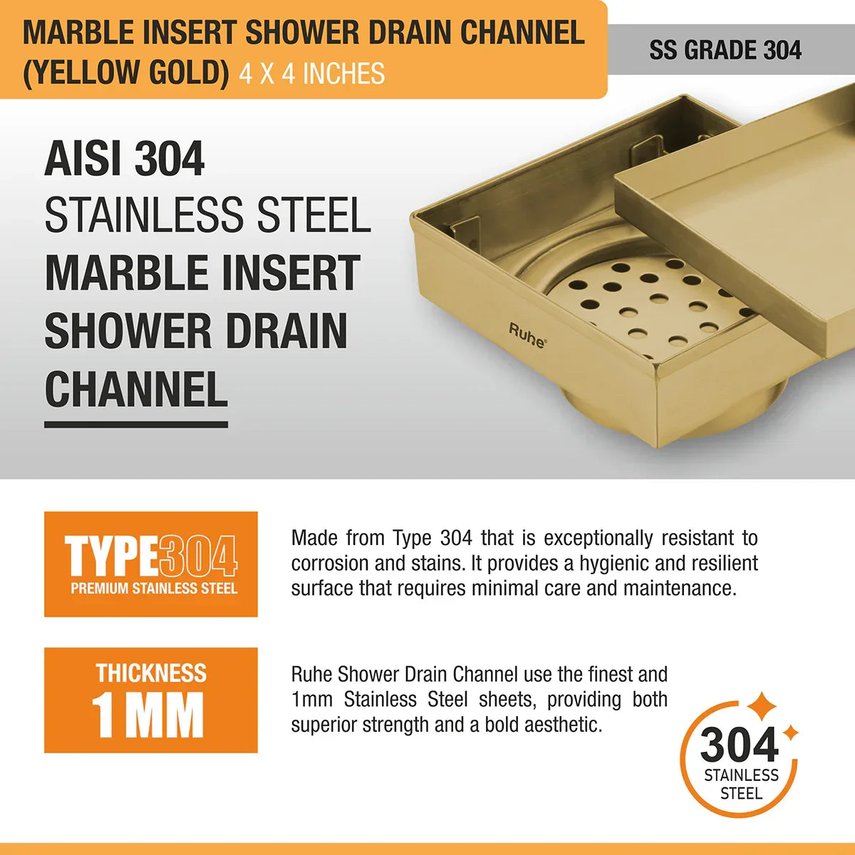 Marble-Insert Shower Drain Channel (4 x 4 Inches)