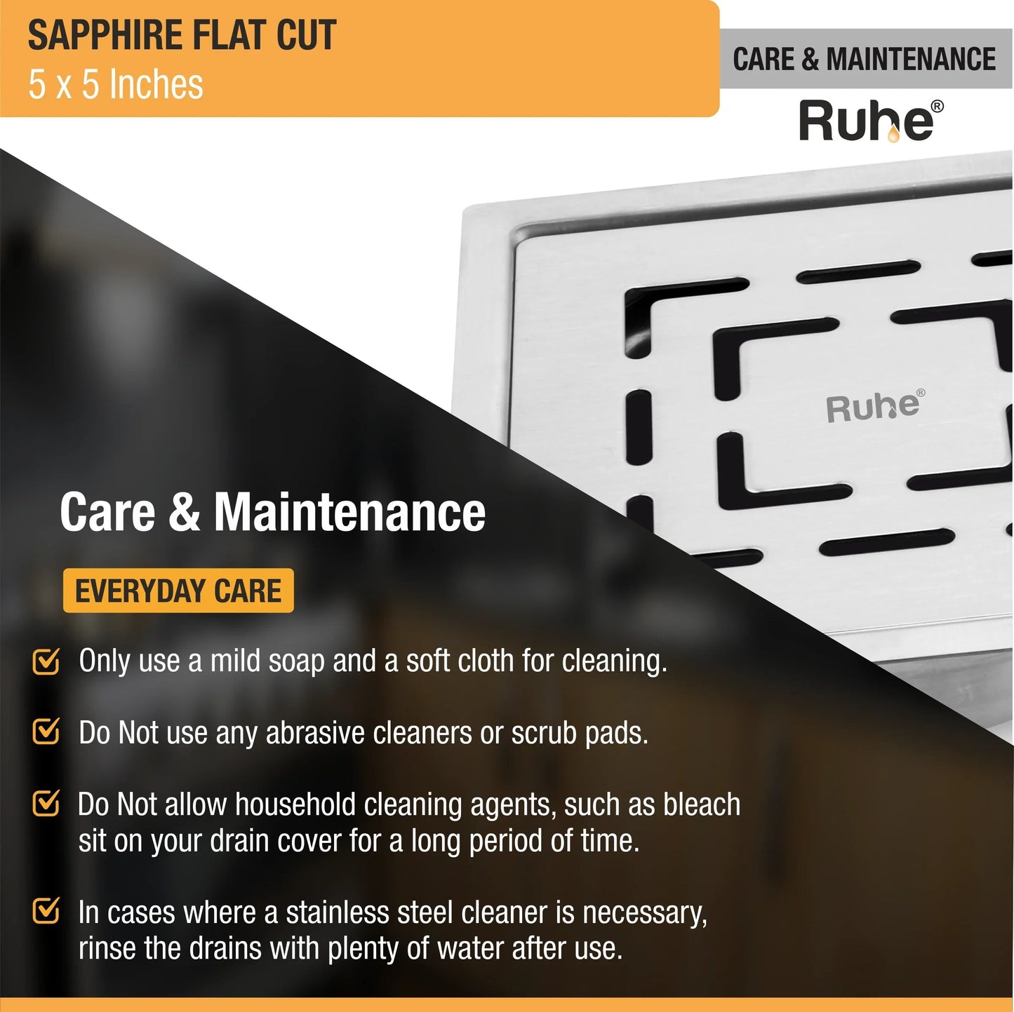 Sapphire Floor Drain Square Flat Cut (5 x 5 Inches) with Cockroach Trap (304 Grade) care and maintenance