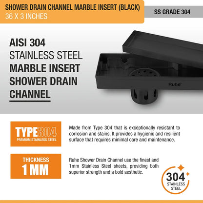 Marble-Insert Shower Drain Channel Black (3 Inches)