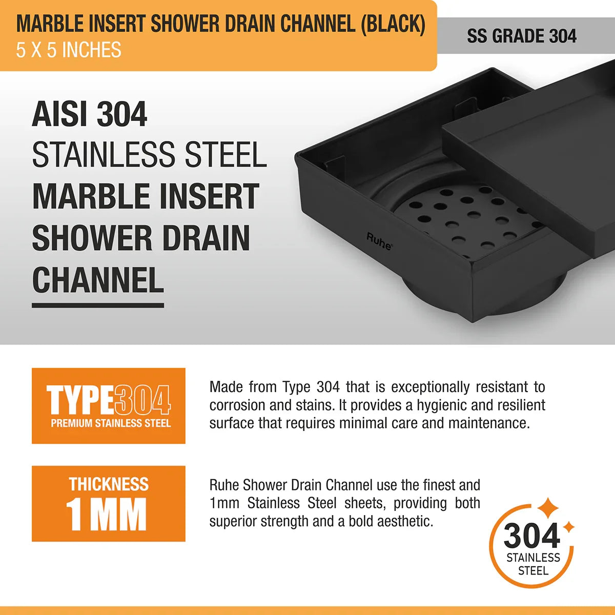 Marble-Insert Shower Drain Channel (5 x 5 Inches)