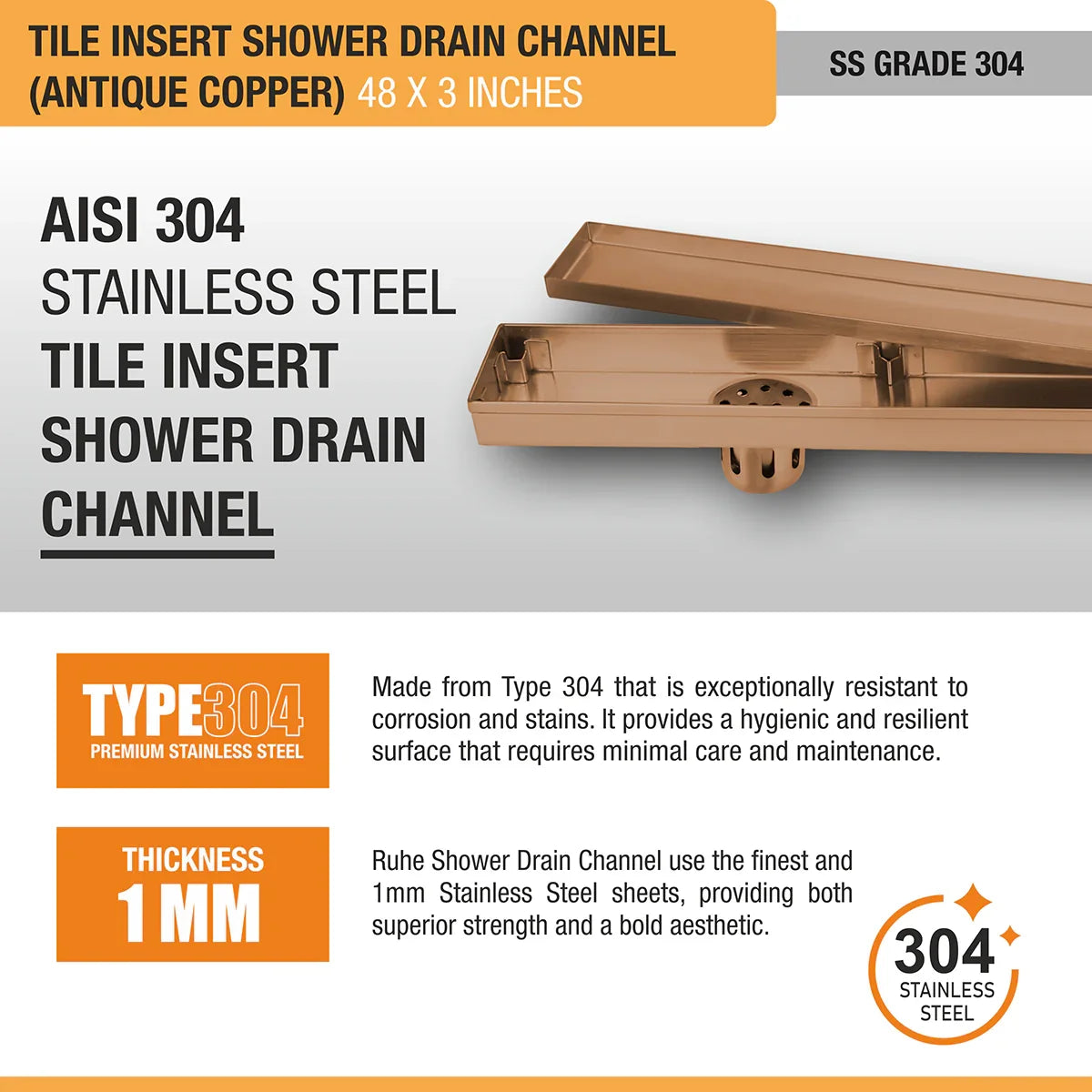 Tile-Insert Shower Drain Channel (3 Inches)