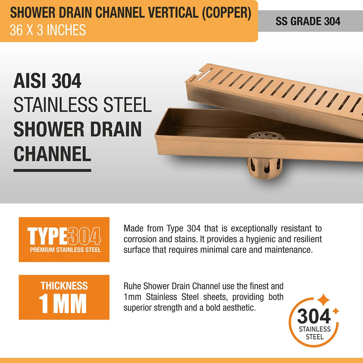 Vertical Shower Drain Channel (36 x 3 Inches) Antique Copper PVD Coated - by Ruhe