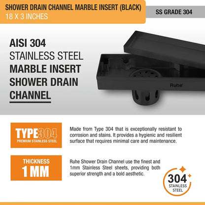 Marble-Insert Shower Drain Channel Black (3 Inches)