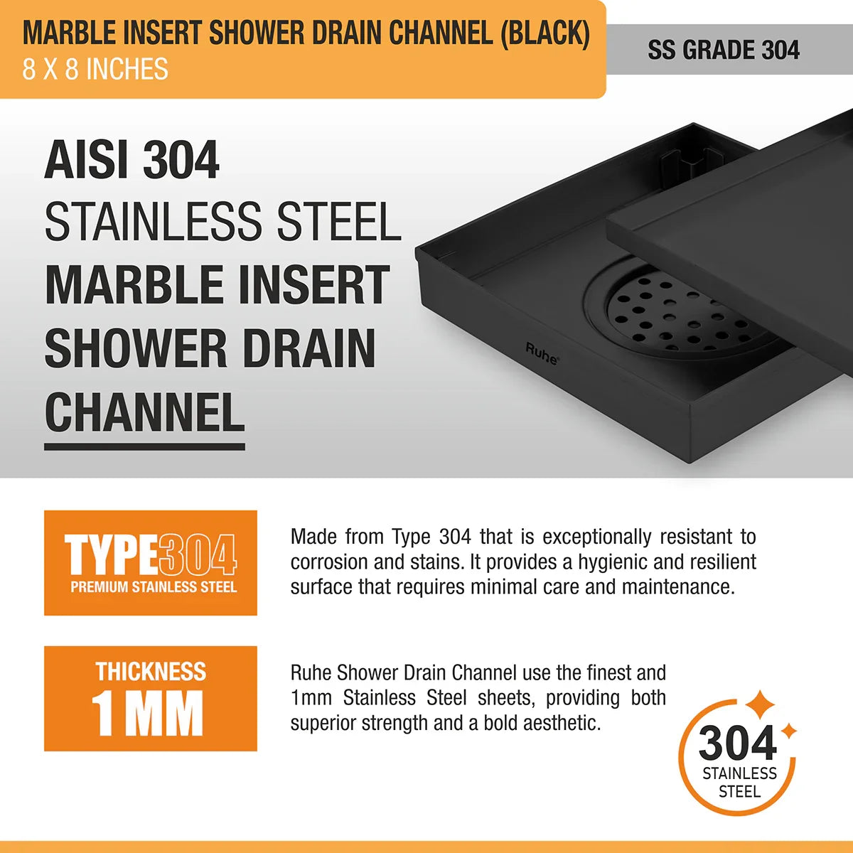 Marble-Insert Shower Drain Channel (8 x 8 Inches)