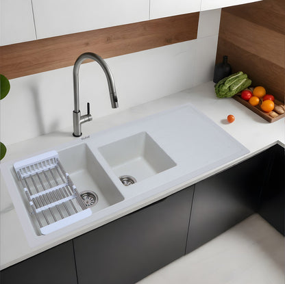 Quartz Double Bowl with Drainboard Kitchen Sink (45 x 20 x 9 inches)