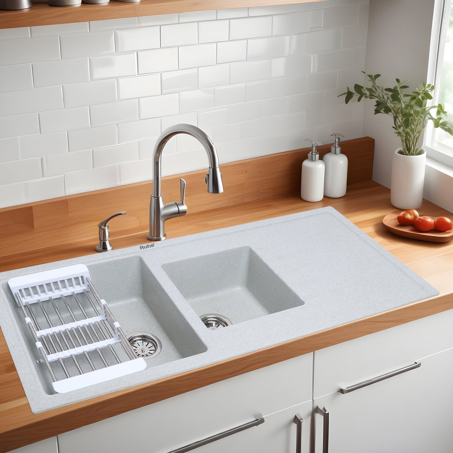 Quartz Double Bowl with Drainboard Kitchen Sink (45 x 20 x 9 inches)