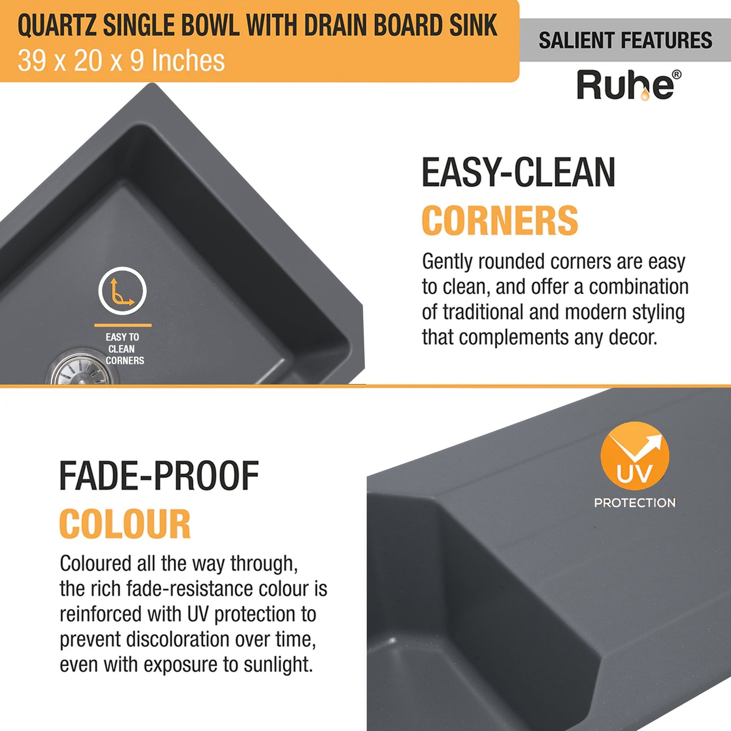 Quartz Single Bowl with Drainboard Kitchen Sink (39 x 20 x 9 Inches)
