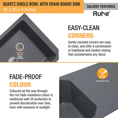 Quartz Single Bowl with Drainboard Kitchen Sink (39 x 20 x 9 Inches)