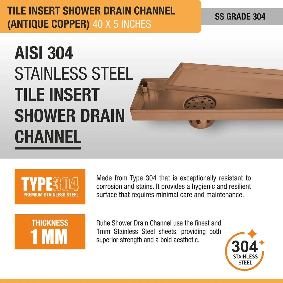 Tile-Insert Shower Drain Channel Coloured (5 Inches)