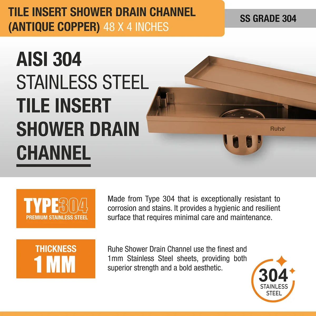 Tile-Insert Shower Drain Channel Coloured (4 Inches)